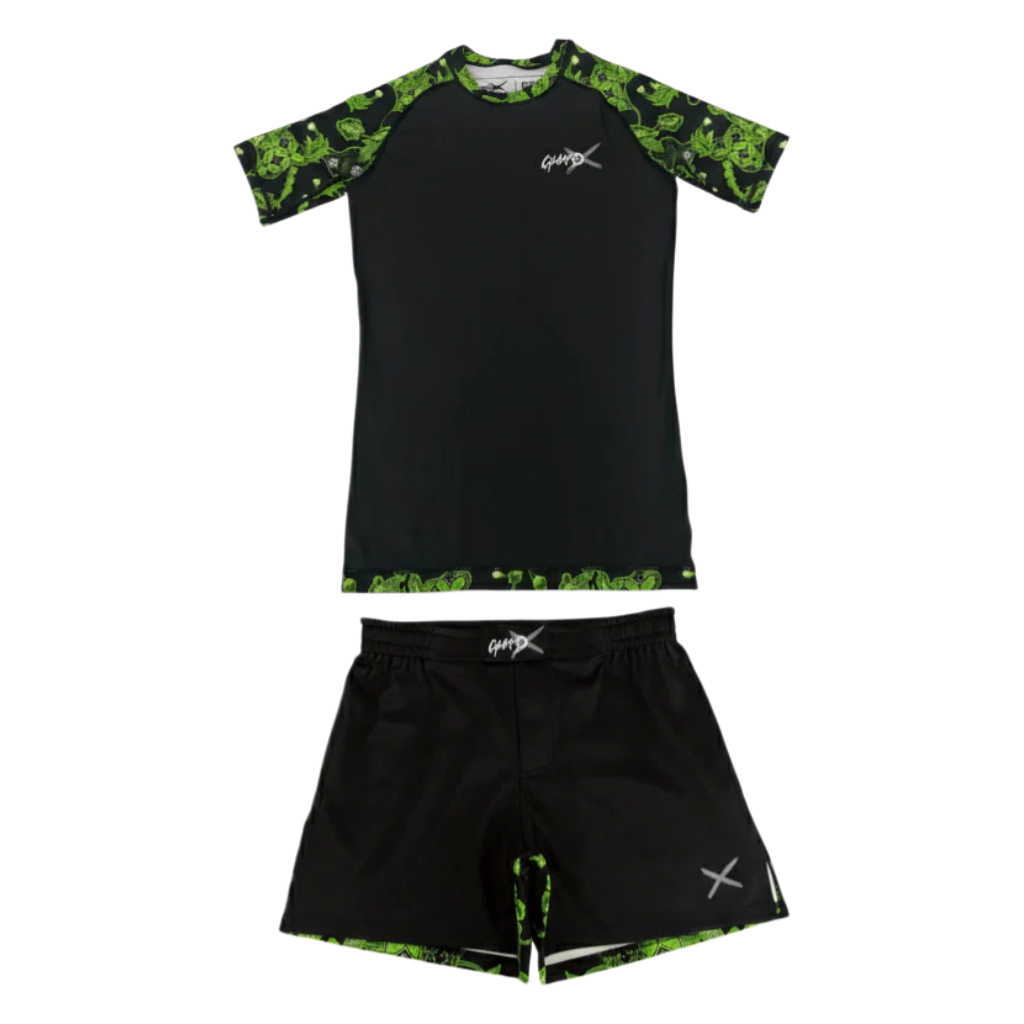 Rash Guard - プレミアムBJJ＆MMAギア インファーノ＆パルス ラッシュガード（半袖）＆ファイトショーツセット メンズTシャツセット 通気性速乾